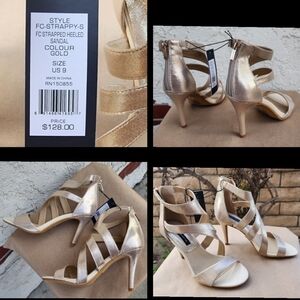 $128 New 9 FRENCH CONNECTION Gold Strappy Strap Heeled Sandals Ankle Zip FLAWS